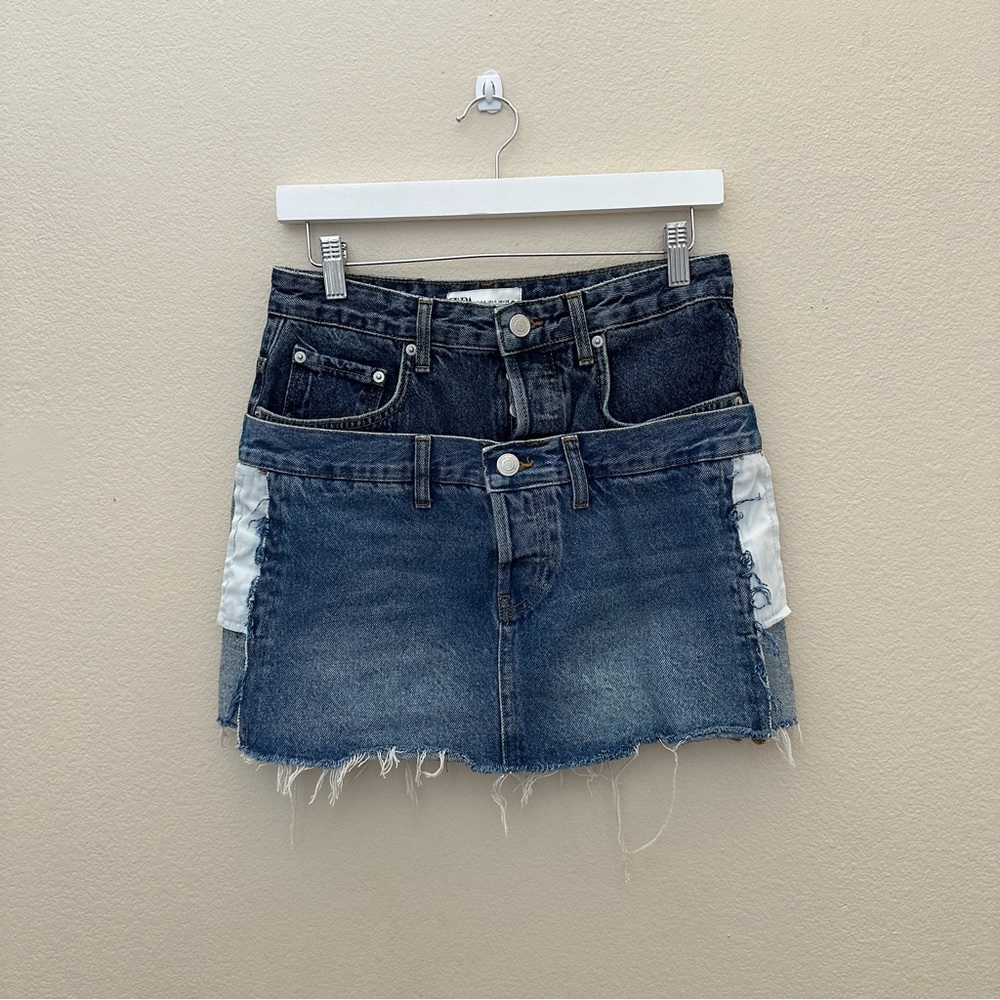 Zara Denim Mini Double High Waisted Skirt Light Blue Size S